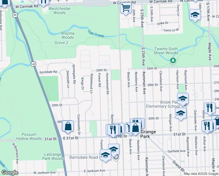 map of restaurants, bars, coffee shops, grocery stores, and more near 1443 Homestead Road in La Grange Park
