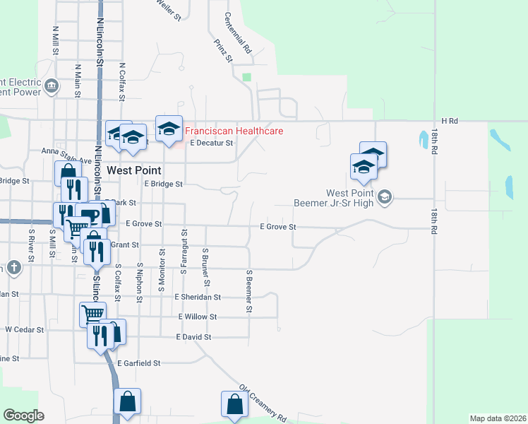 map of restaurants, bars, coffee shops, grocery stores, and more near 940 Beemer Circle in West Point