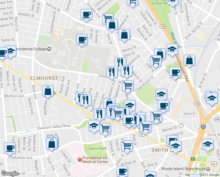 map of restaurants, bars, coffee shops, grocery stores, and more near 200 Oakland Avenue in Providence