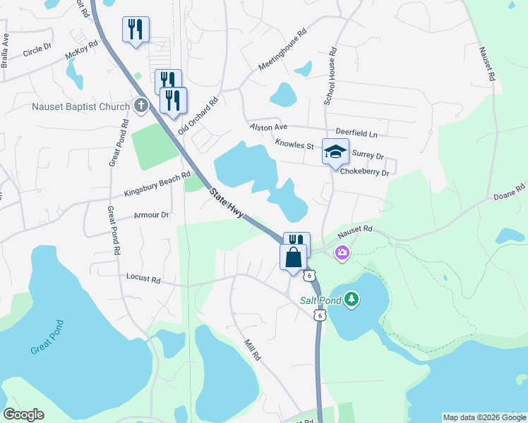 map of restaurants, bars, coffee shops, grocery stores, and more near 5 Walters Way in Eastham