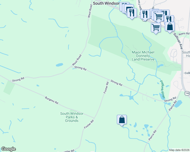 map of restaurants, bars, coffee shops, grocery stores, and more near 885 Strong Road in South Windsor
