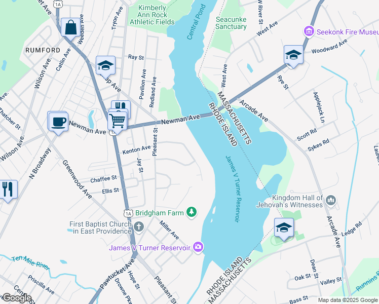 map of restaurants, bars, coffee shops, grocery stores, and more near 30 Bridgham Farm Road in East Providence