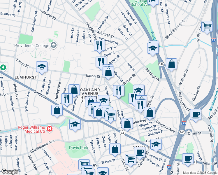 map of restaurants, bars, coffee shops, grocery stores, and more near 162 Camden Avenue in Providence