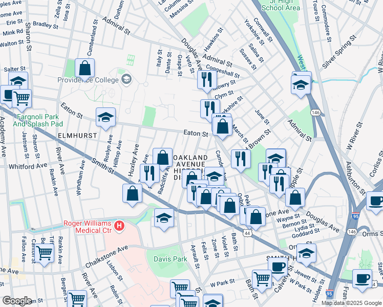 map of restaurants, bars, coffee shops, grocery stores, and more near 107 Pembroke Avenue in Providence