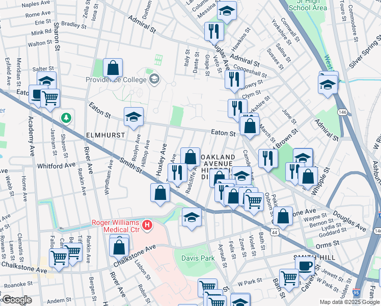 map of restaurants, bars, coffee shops, grocery stores, and more near 90 Radcliffe Avenue in Providence