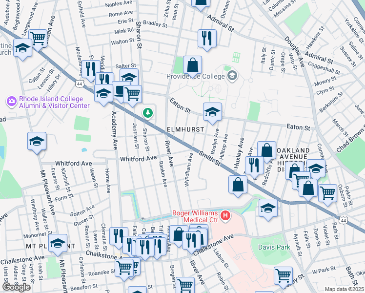 map of restaurants, bars, coffee shops, grocery stores, and more near 16 Whitford Avenue in Providence