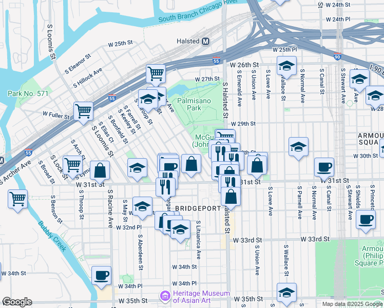 map of restaurants, bars, coffee shops, grocery stores, and more near 2954 South Quinn Street in Chicago