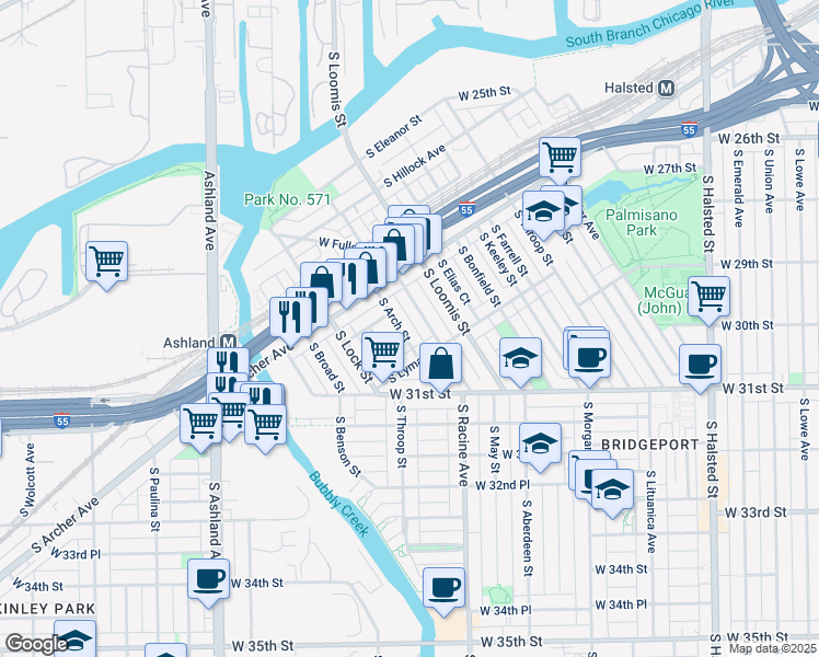 map of restaurants, bars, coffee shops, grocery stores, and more near 2950 South Arch Street in Chicago