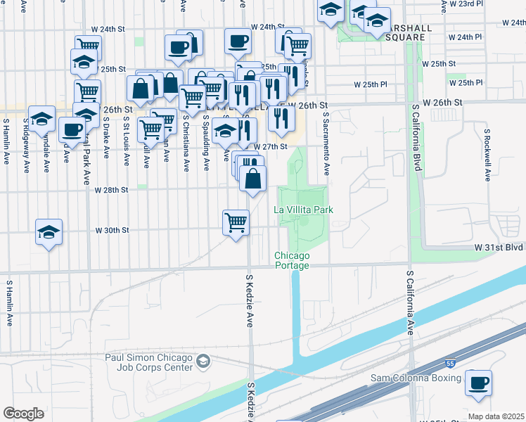map of restaurants, bars, coffee shops, grocery stores, and more near 2845 South Troy Street in Chicago