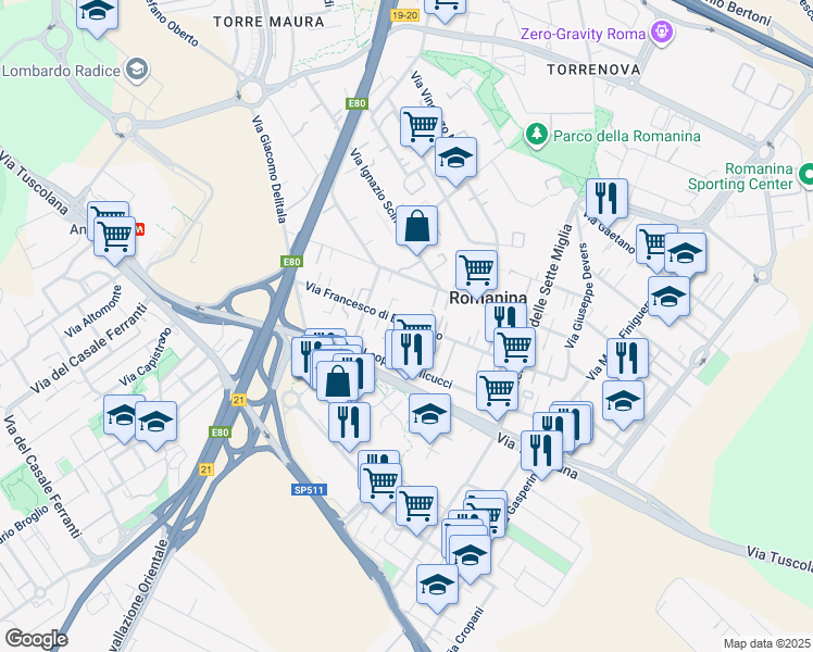 map of restaurants, bars, coffee shops, grocery stores, and more near 138 Via Francesco di Benedetto in Roma