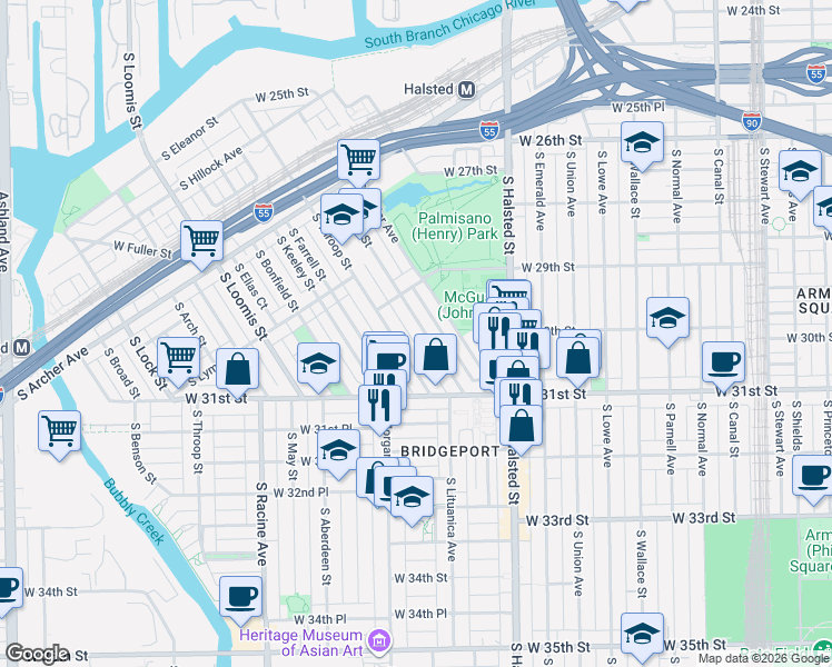 map of restaurants, bars, coffee shops, grocery stores, and more near 2954 South Quinn Street in Chicago