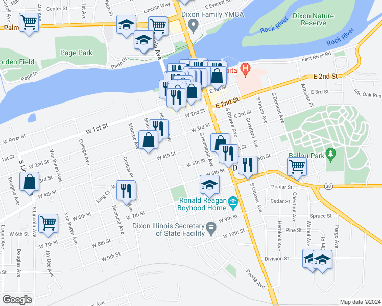 map of restaurants, bars, coffee shops, grocery stores, and more near 407 Peoria Avenue in Dixon