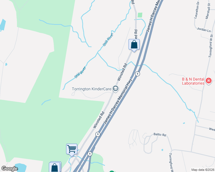 map of restaurants, bars, coffee shops, grocery stores, and more near 1275 Winsted Road in Torrington