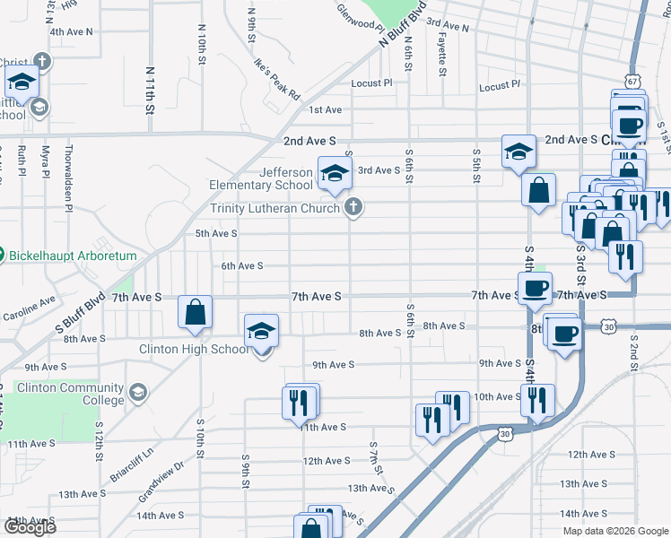 map of restaurants, bars, coffee shops, grocery stores, and more near 725 6th Avenue South in Clinton