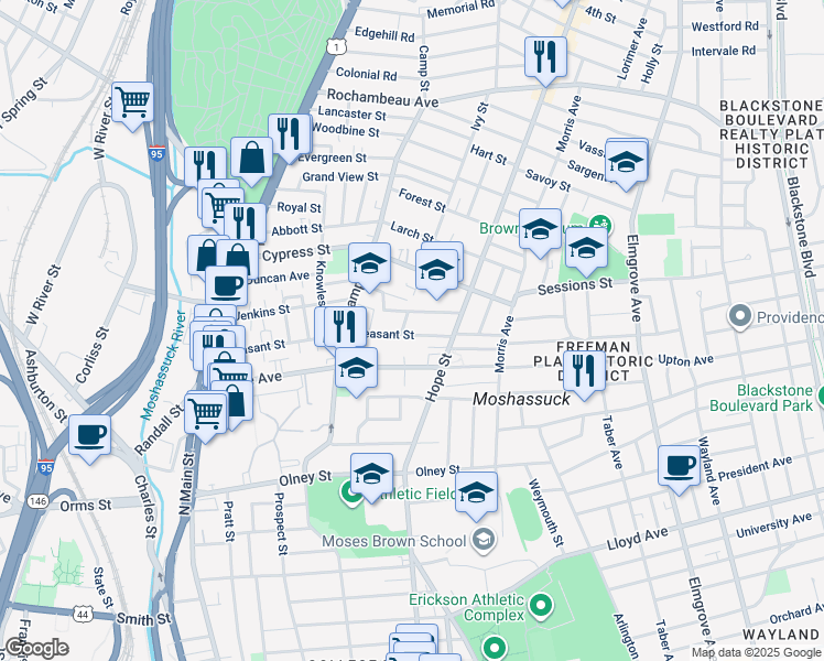 map of restaurants, bars, coffee shops, grocery stores, and more near 216 Pleasant Street in Providence
