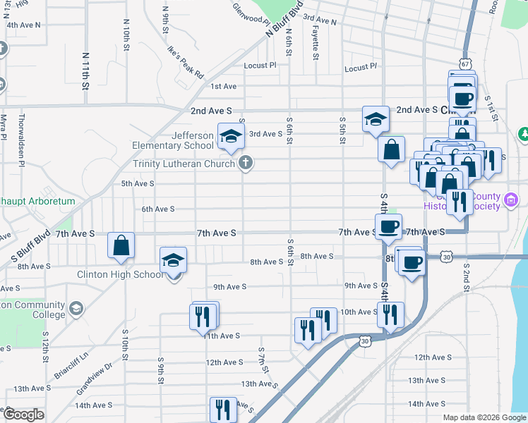 map of restaurants, bars, coffee shops, grocery stores, and more near 657 6th Avenue South in Clinton