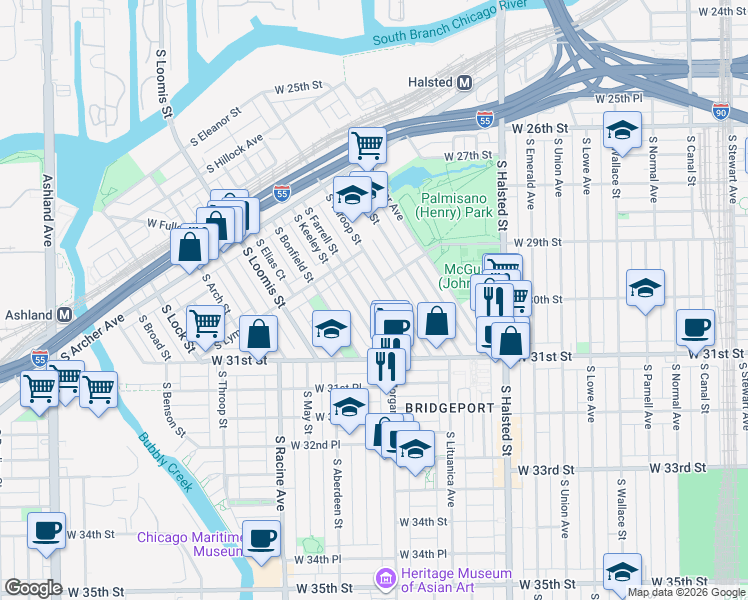 map of restaurants, bars, coffee shops, grocery stores, and more near 2953 South Keeley Street in Chicago