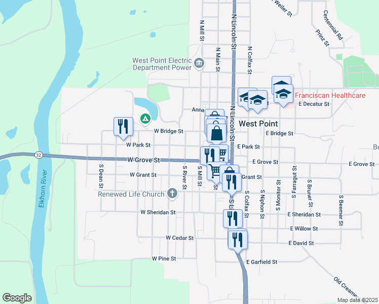 map of restaurants, bars, coffee shops, grocery stores, and more near 236 Grove Street in West Point