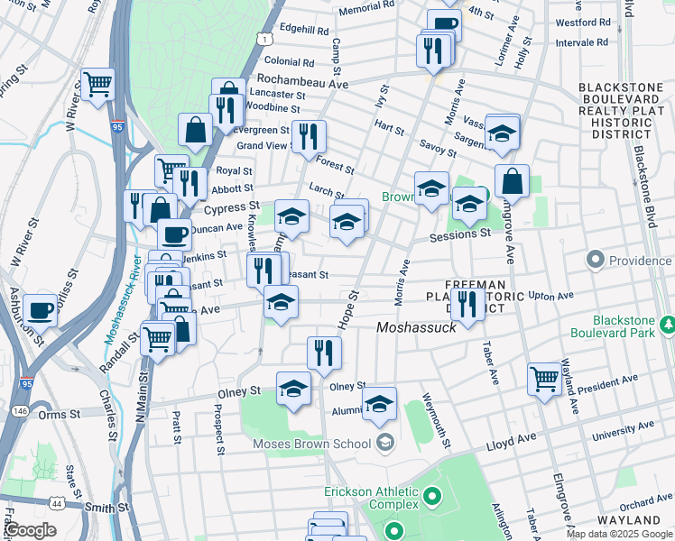 map of restaurants, bars, coffee shops, grocery stores, and more near 230 Pleasant Street in Providence