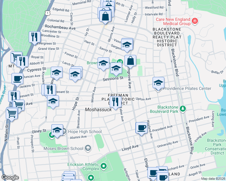 map of restaurants, bars, coffee shops, grocery stores, and more near 59 Emeline Street in Providence