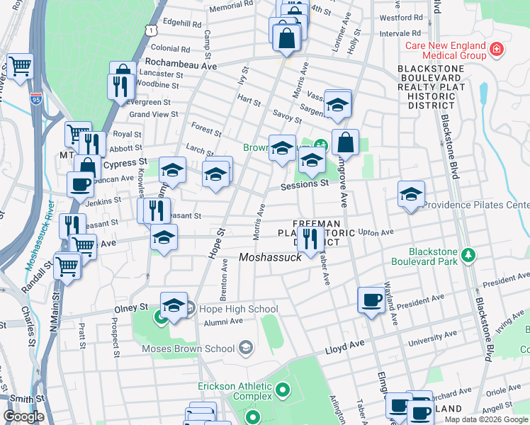 map of restaurants, bars, coffee shops, grocery stores, and more near 18 Emeline Street in Providence