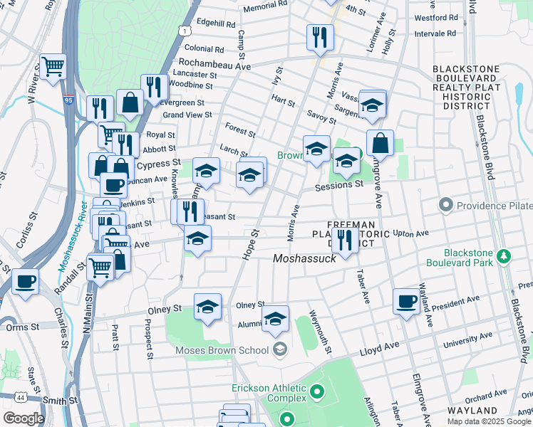 map of restaurants, bars, coffee shops, grocery stores, and more near 480 Hope Street in Providence