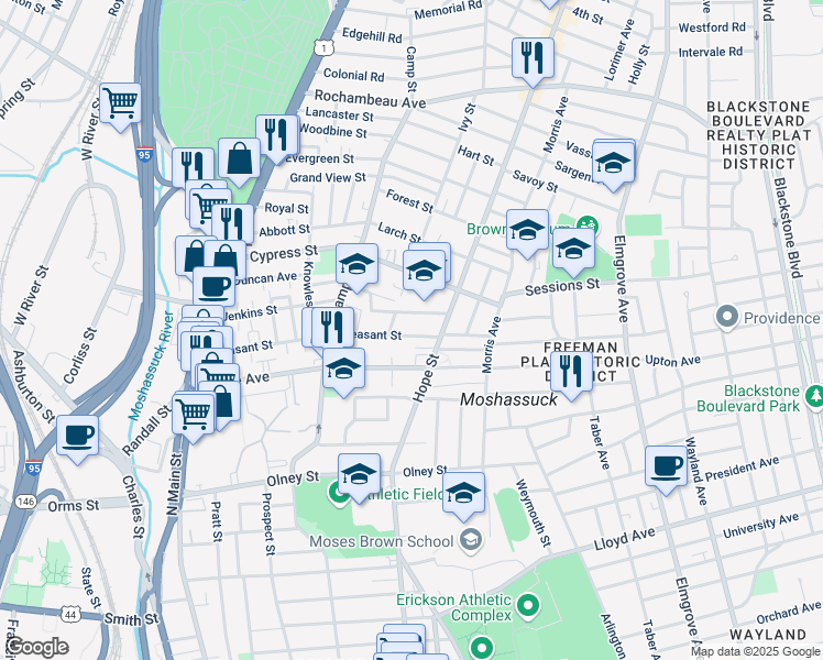 map of restaurants, bars, coffee shops, grocery stores, and more near 211 Pleasant Street in Providence