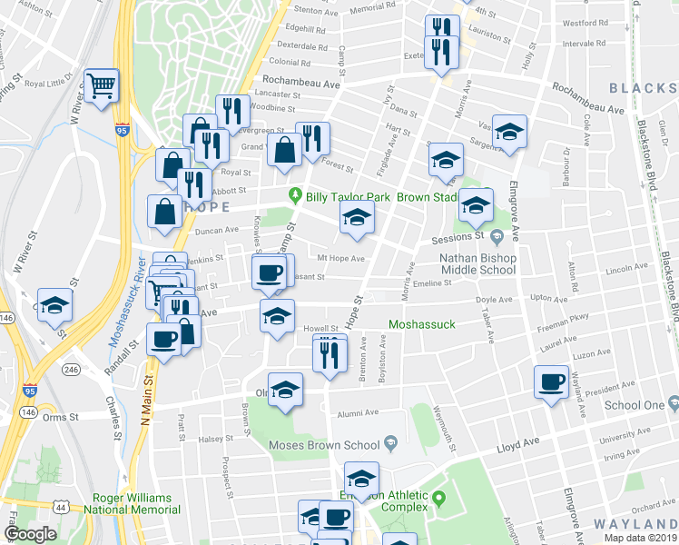 map of restaurants, bars, coffee shops, grocery stores, and more near 211 Pleasant Street in Providence