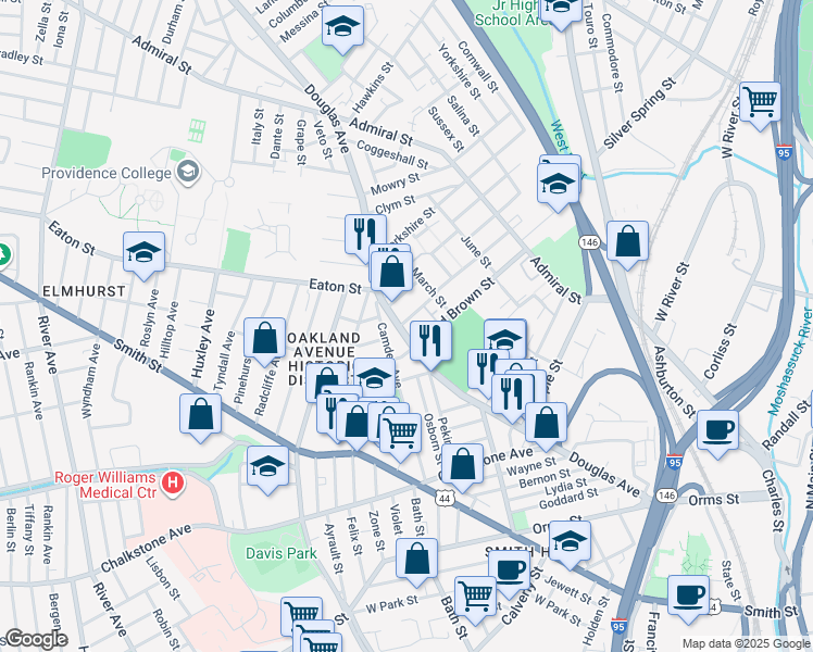 map of restaurants, bars, coffee shops, grocery stores, and more near 319 Douglas Avenue in Providence