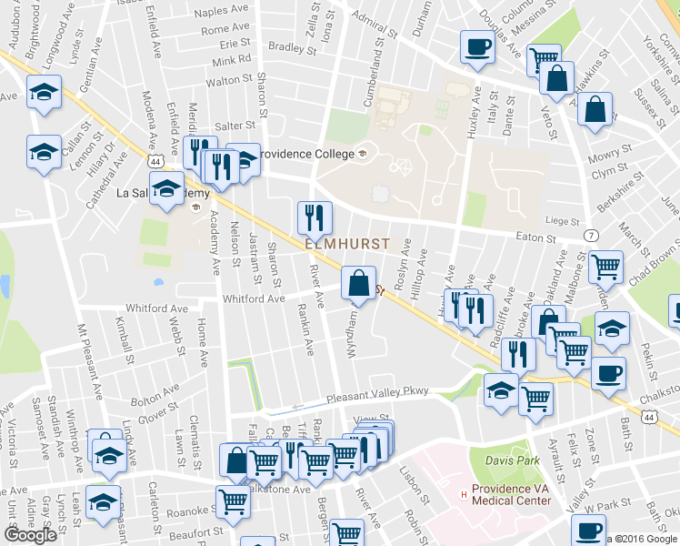 map of restaurants, bars, coffee shops, grocery stores, and more near 16 Whitford Avenue in Providence