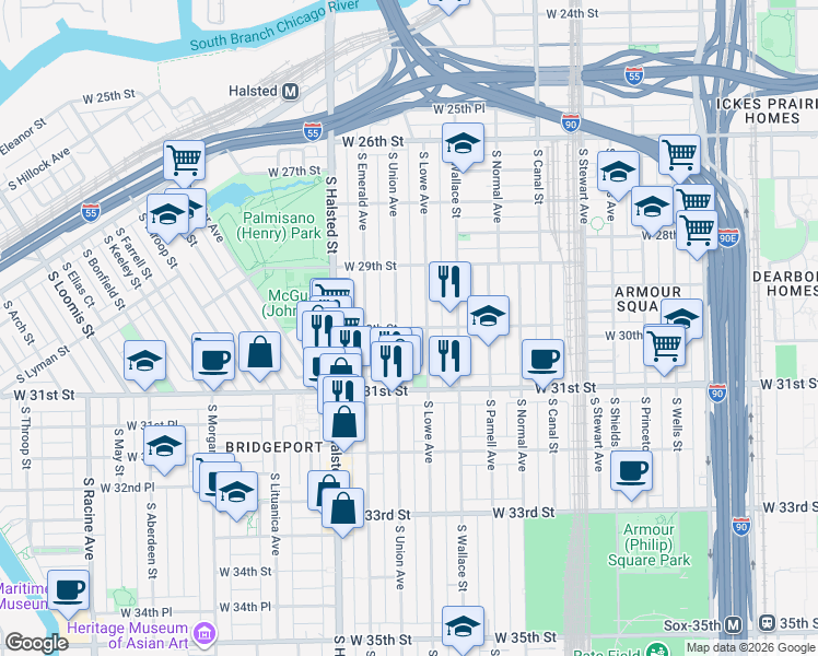 map of restaurants, bars, coffee shops, grocery stores, and more near 3013 South Union Avenue in Chicago