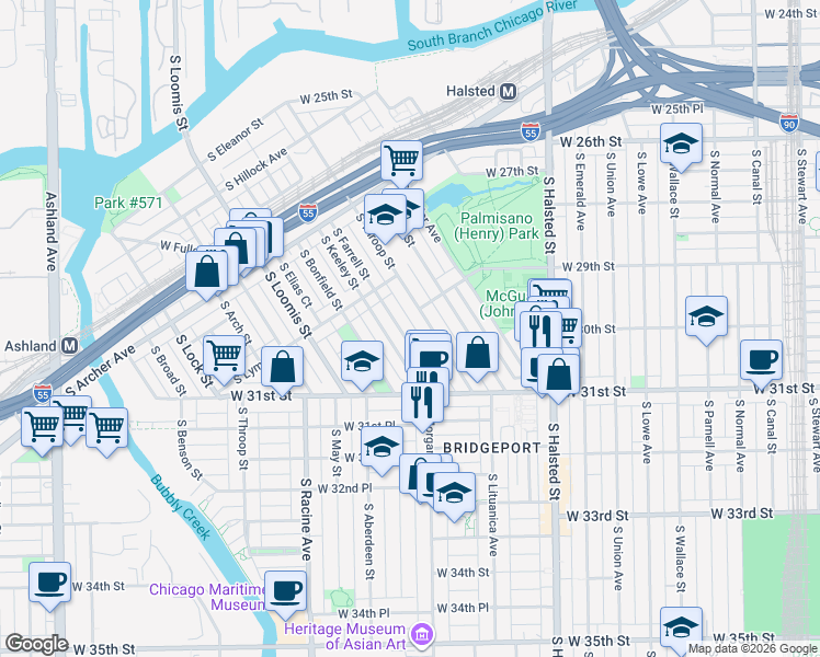 map of restaurants, bars, coffee shops, grocery stores, and more near 2953 South Keeley Street in Chicago