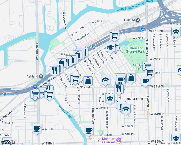 map of restaurants, bars, coffee shops, grocery stores, and more near 2979 South Haynes Court in Chicago