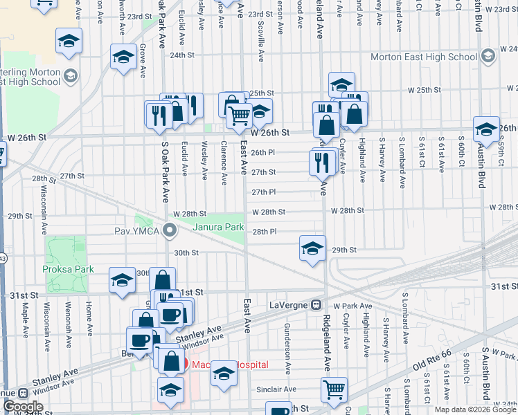 map of restaurants, bars, coffee shops, grocery stores, and more near 6538 28th Street in Berwyn