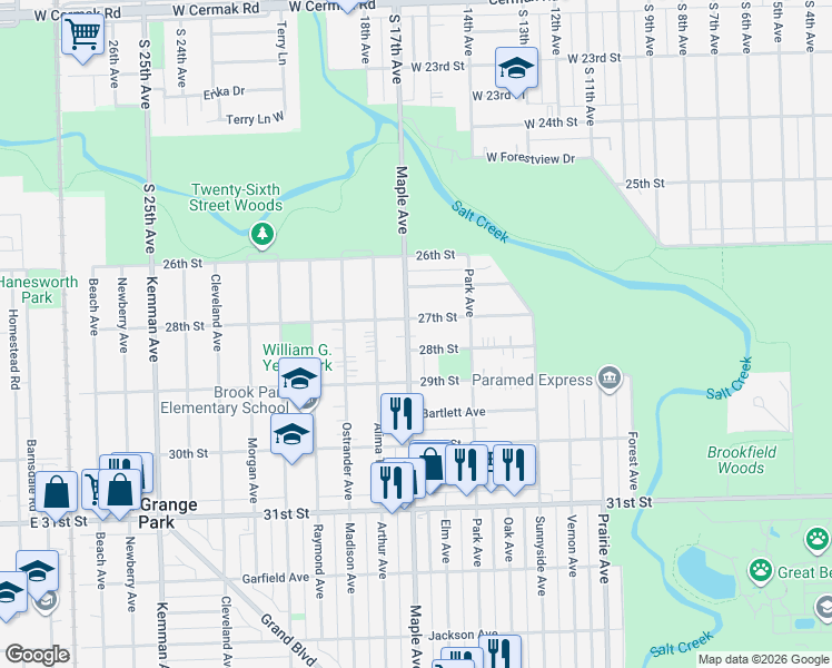 map of restaurants, bars, coffee shops, grocery stores, and more near 1424 Maple Avenue in Brookfield