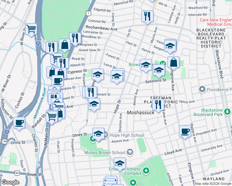 map of restaurants, bars, coffee shops, grocery stores, and more near in Providence