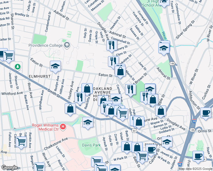 map of restaurants, bars, coffee shops, grocery stores, and more near 207 Oakland Avenue in Providence