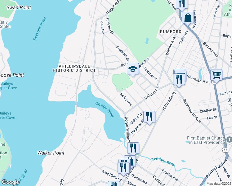map of restaurants, bars, coffee shops, grocery stores, and more near 105 Roger Williams Avenue in East Providence