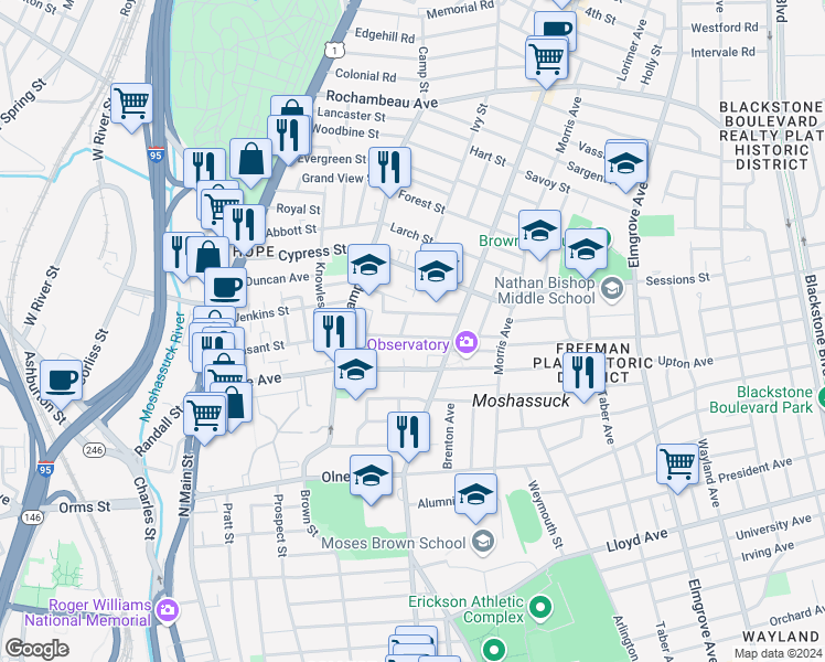 map of restaurants, bars, coffee shops, grocery stores, and more near 214 Pleasant Street in Providence