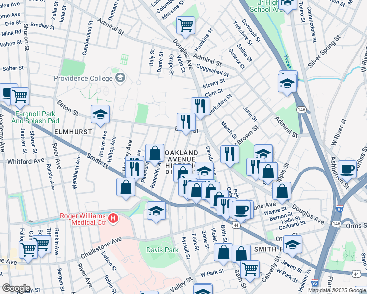 map of restaurants, bars, coffee shops, grocery stores, and more near 206 Oakland Avenue in Providence