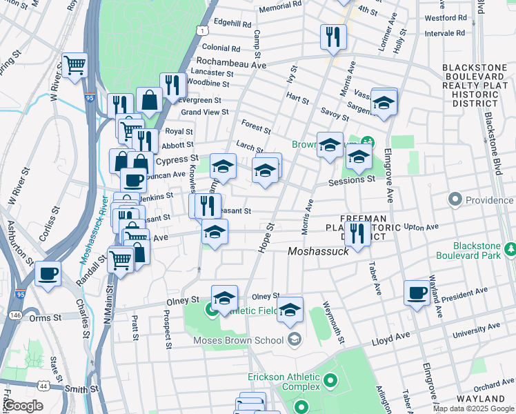 map of restaurants, bars, coffee shops, grocery stores, and more near 211 Pleasant Street in Providence