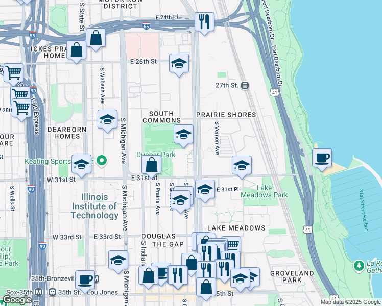 map of restaurants, bars, coffee shops, grocery stores, and more near 3000 South King Drive in Chicago