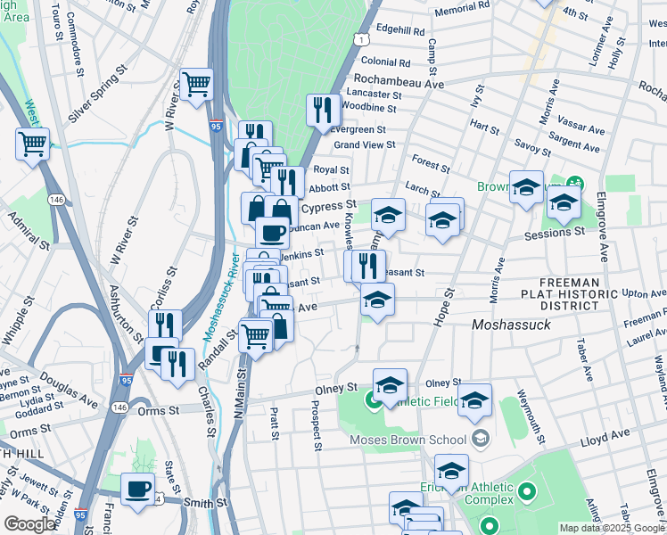 map of restaurants, bars, coffee shops, grocery stores, and more near 85 Pleasant Street in Providence