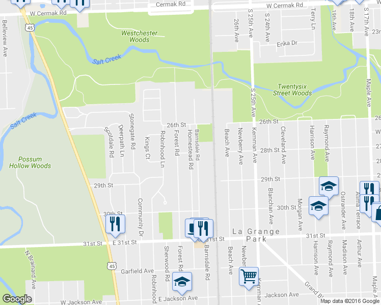 map of restaurants, bars, coffee shops, grocery stores, and more near 1500 Homestead Road in La Grange Park