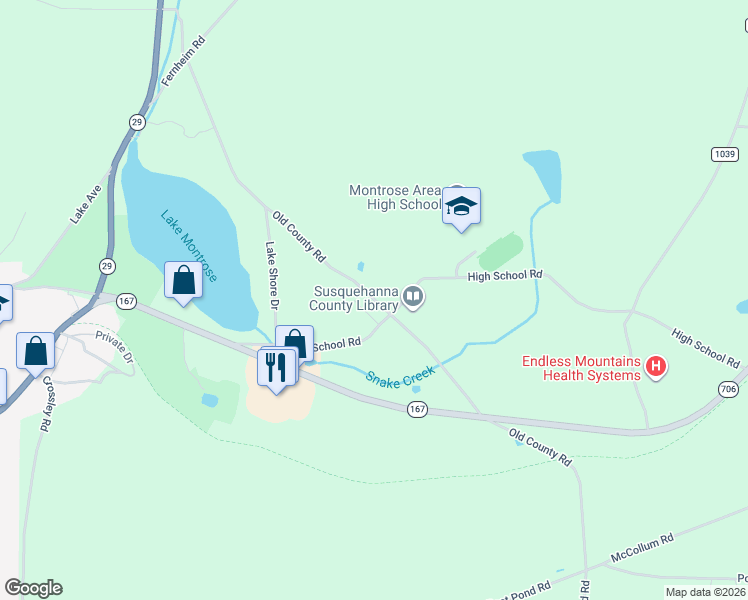 map of restaurants, bars, coffee shops, grocery stores, and more near Old County Road in Montrose