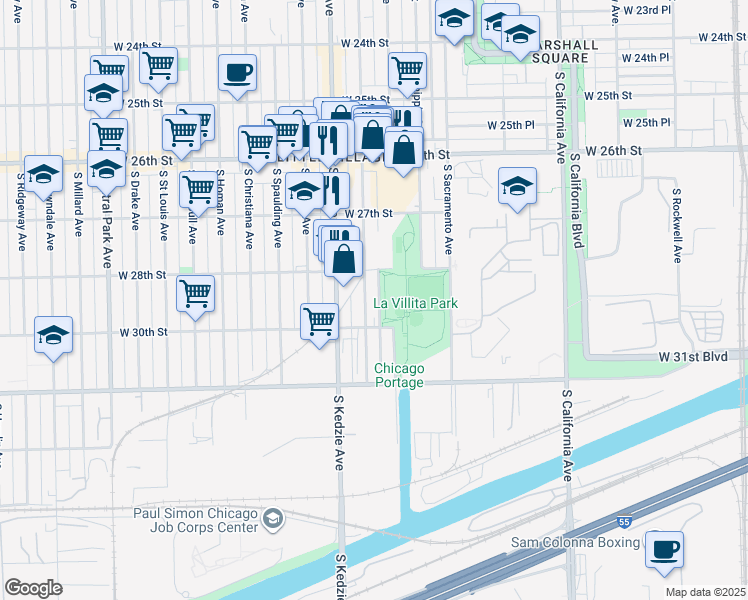 map of restaurants, bars, coffee shops, grocery stores, and more near 2845 South Troy Street in Chicago