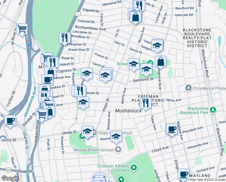 map of restaurants, bars, coffee shops, grocery stores, and more near 493 Hope Street in Providence
