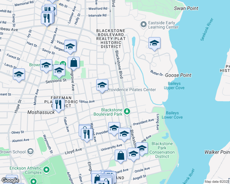 map of restaurants, bars, coffee shops, grocery stores, and more near 193 Slater Avenue in Providence