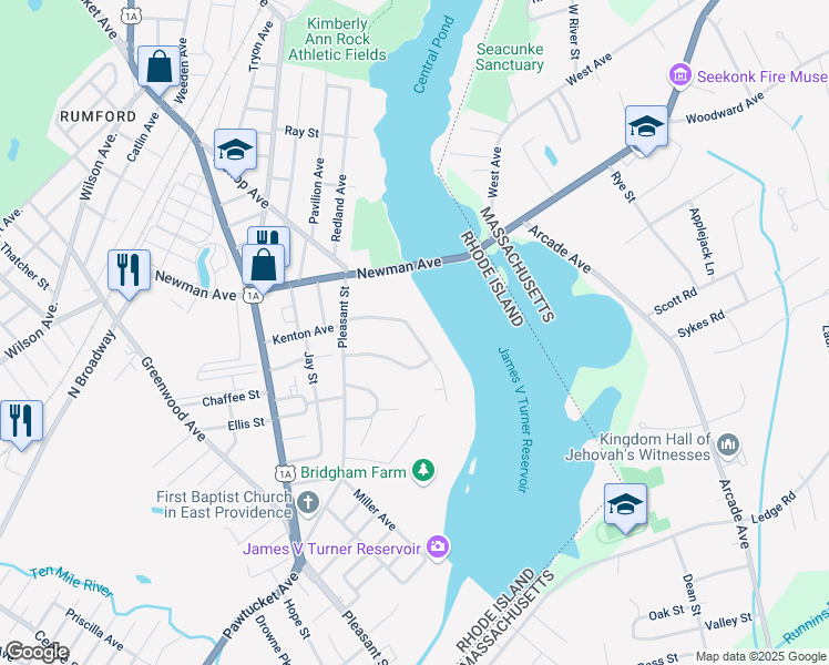 map of restaurants, bars, coffee shops, grocery stores, and more near Bridgham Farm Road in East Providence