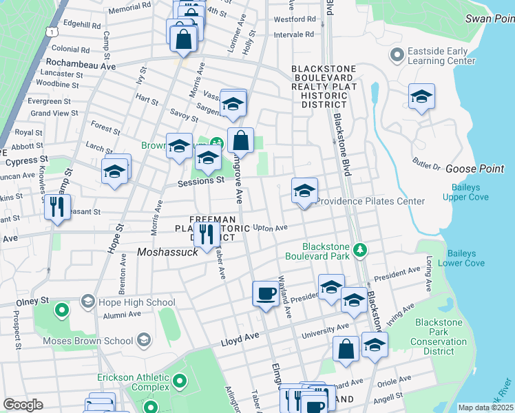 map of restaurants, bars, coffee shops, grocery stores, and more near 167 Emeline Street in Providence